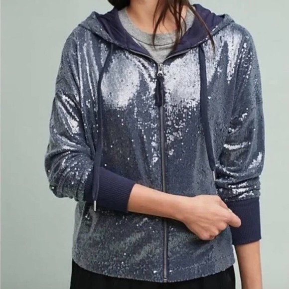 ANTHROPOLOGIE Postmark Sequin Hoodie Navy Blue {B46} - Picture 1 of 5